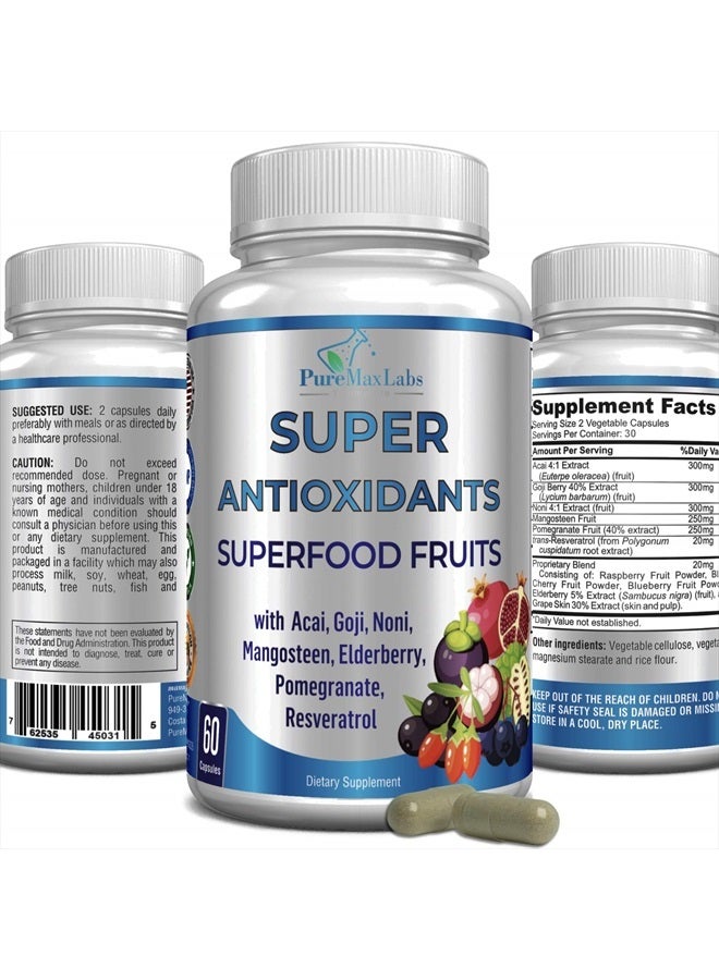 YUMMYVITE Super Antioxidant Fruit Superfood Complex - Powerful Antioxidant Superfruits, Acai, Goji, Noni, Mangosteen, Pomegranate, Elderberry, Resveratrol, Immune Support, Skin Care - 60 Capsules - Image 1