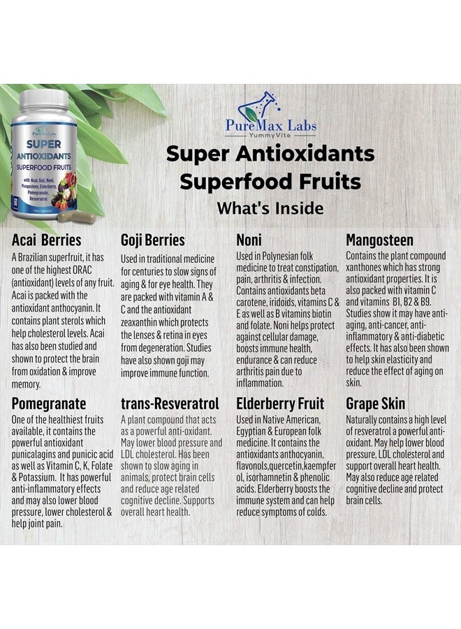 YUMMYVITE Super Antioxidant Fruit Superfood Complex - Powerful Antioxidant Superfruits, Acai, Goji, Noni, Mangosteen, Pomegranate, Elderberry, Resveratrol, Immune Support, Skin Care - 60 Capsules - Image 3