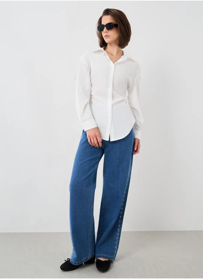 تايك تو Take Two Solid Gathered Detail Spread Collar Shirt