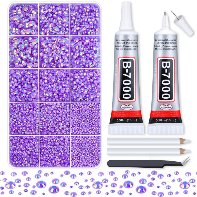 B 7000 Glue for Rhinestone with 14000Pcs Flat Back Gems for Crafts Resin Rhinestones AB Violet Jelly Gems 26mm Purple Rhinestones for Clothes Shoes Tumblers Decoration