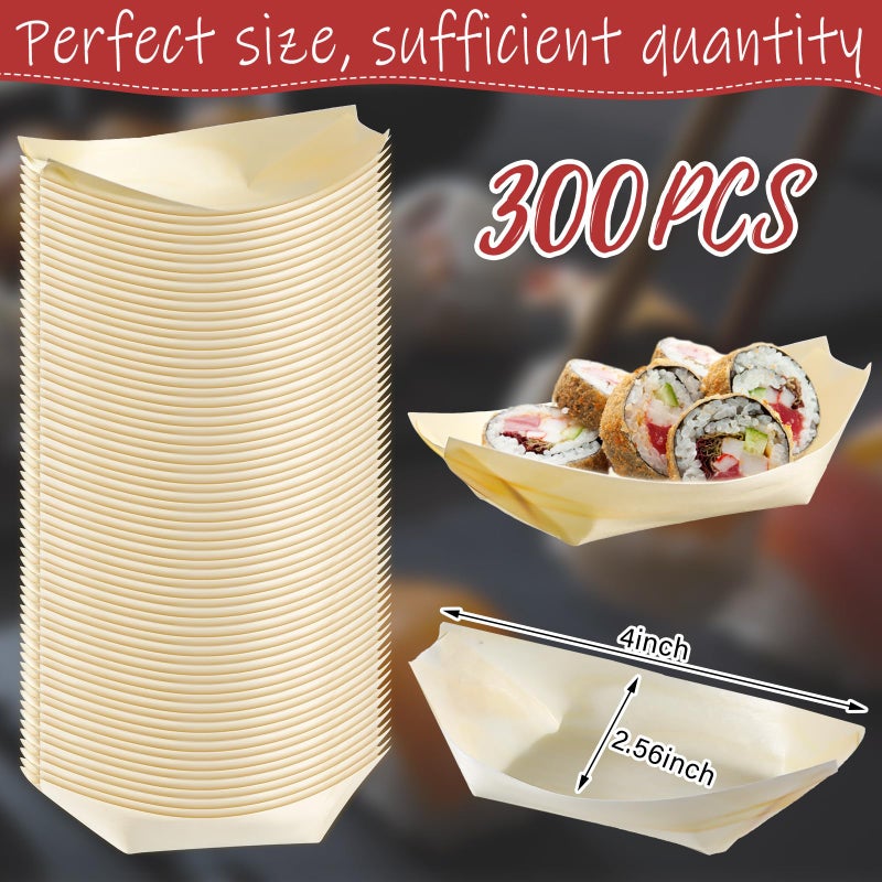 Hoolerry 300 Pcs Disposable Wood Boat Plates Dishes 4 Inches Bamboo Plates Sushi Boat Disposable Bamboo Leaf Dish Serving Tray Food Container Wood Bowl For Catering Home - Image 2