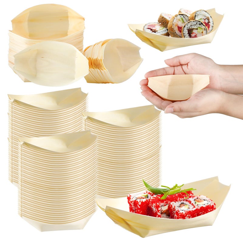 Hoolerry 300 Pcs Disposable Wood Boat Plates Dishes 4 Inches Bamboo Plates Sushi Boat Disposable Bamboo Leaf Dish Serving Tray Food Container Wood Bowl For Catering Home - Image 1
