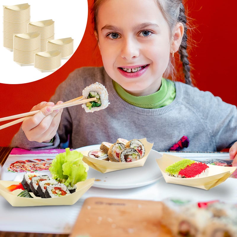 Hoolerry 300 Pcs Disposable Wood Boat Plates Dishes 4 Inches Bamboo Plates Sushi Boat Disposable Bamboo Leaf Dish Serving Tray Food Container Wood Bowl For Catering Home - Image 4