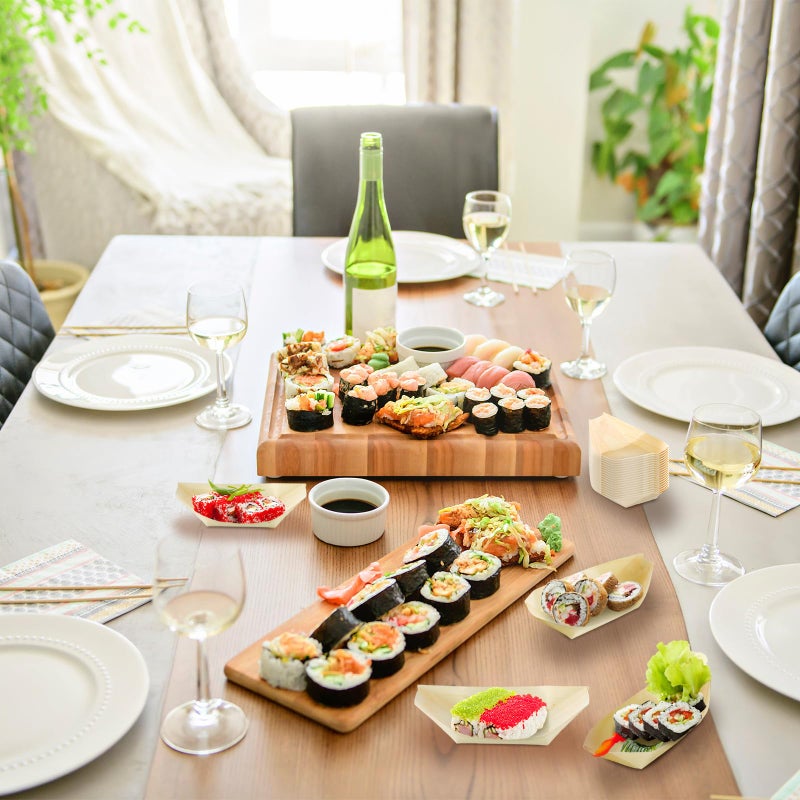 Hoolerry 300 Pcs Disposable Wood Boat Plates Dishes 4 Inches Bamboo Plates Sushi Boat Disposable Bamboo Leaf Dish Serving Tray Food Container Wood Bowl For Catering Home - Image 5