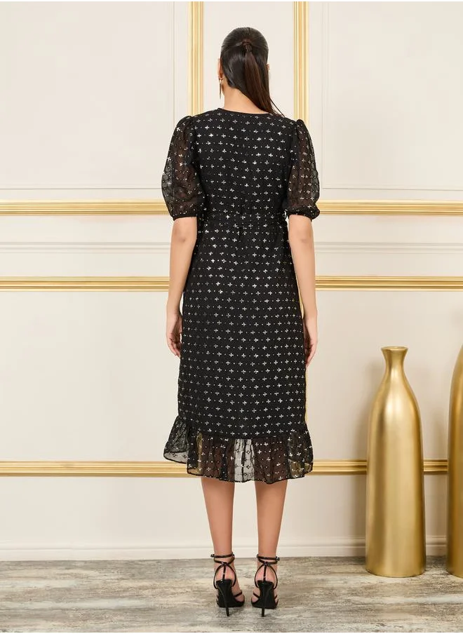 Styli Metallic Ruffle Wrap Dress