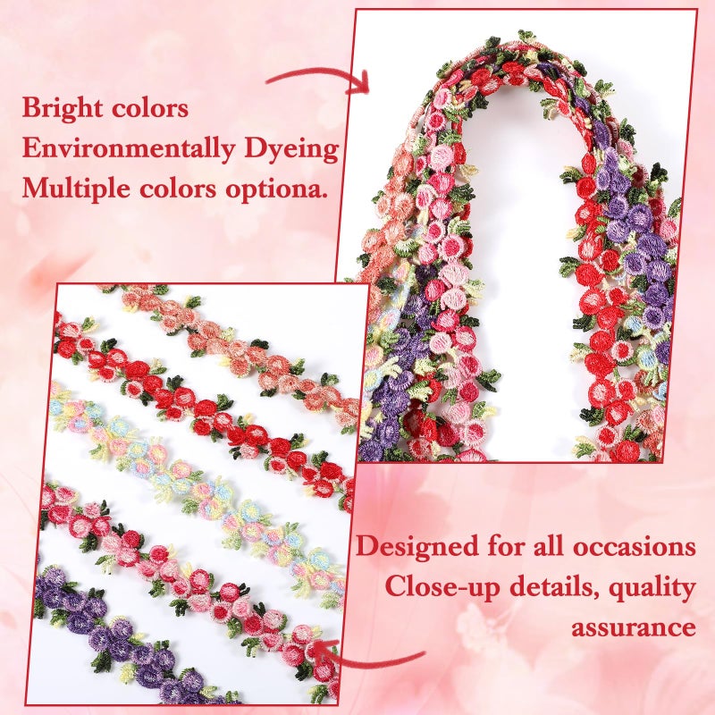 KFHENSOMR Floral Lace Ribbon Trim, Rose Lace Flower Trim for Sewing Decorating 5 Yards Rose Embroidered Polyester DIY Laces Floral Applique Craft, 2.2cm Width for Wedding Dresses Party Decor Clothes - Image 3