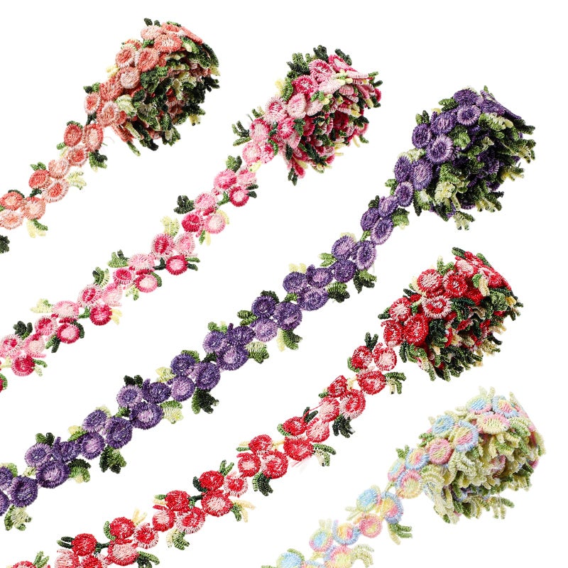 KFHENSOMR Floral Lace Ribbon Trim, Rose Lace Flower Trim for Sewing Decorating 5 Yards Rose Embroidered Polyester DIY Laces Floral Applique Craft, 2.2cm Width for Wedding Dresses Party Decor Clothes - Image 1
