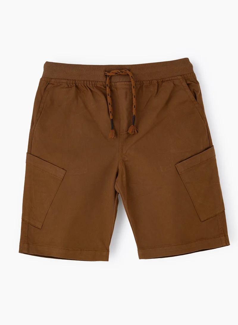 JAM Boys' Brown Cotton Cargo Shorts with Drawstring Waist