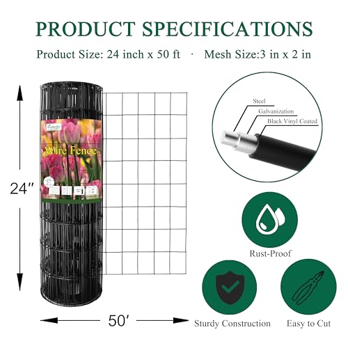 FOREHOGAR Black PVC Coated Welded Wire Fence 24 Inch x 50 Foot, 2 Inch x 3 Inch 16GA, Garden Border Fencing Roll Vinyl Coating Metal Wire Mesh for Yard Vegetable Plant Protection Poultry Netting - Image 3
