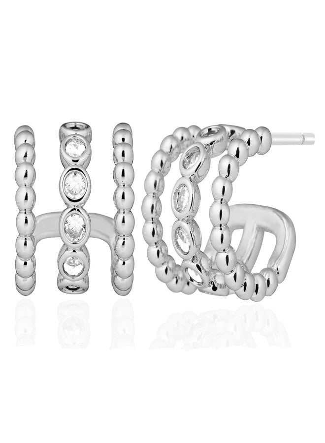 Obidos 14K Gold Plated Illusion Stud Earrings for Women | Triple Huggie Hoop Earrings for One Hole| Trendy Simple Hypoallergenic Fashion Accessories Gold Jewelry Gifts for Womens, Medium, Brass, Cubic - Image 1