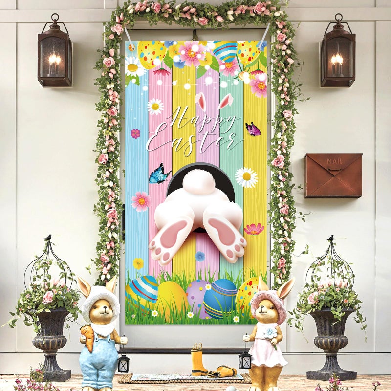 Photken 73 x 36 Inch Happy Easter Banner Door Cover, Colorful Bunny Butt and Egg Themed Porch Sign, Large Front Door Wall Backdrop for Indoor Outdoor Spring Party Decorations and Photo Booth Props - Image 4