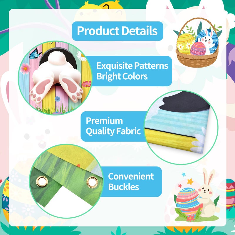 Photken 73 x 36 Inch Happy Easter Banner Door Cover, Colorful Bunny Butt and Egg Themed Porch Sign, Large Front Door Wall Backdrop for Indoor Outdoor Spring Party Decorations and Photo Booth Props - Image 3