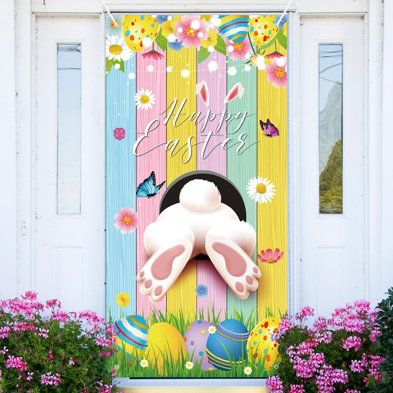 Photken 73 x 36 Inch Happy Easter Banner Door Cover, Colorful Bunny Butt and Egg Themed Porch Sign, Large Front Door Wall Backdrop for Indoor Outdoor Spring Party Decorations and Photo Booth Props - Image 1