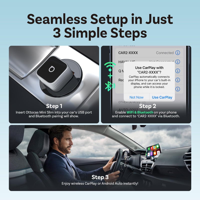 Ottocast 2026 Upgrade OTTOCAST Mini Slim 3.0, 2-in-1 Wireless CarPlay & Android Auto Adapter, Plug & Play Dongle, Fast Auto-Reconnect, Dual-Band 5Ghz, for Cars with Wired CarPlay & Android auto (Silver) - Image 4