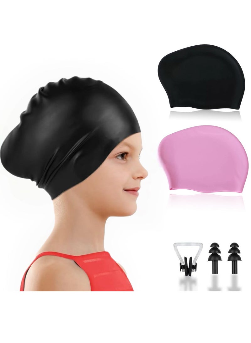 SänHahn 2 Pack Kids Long Hair Large Swim Cap for Girls Boys,  Silicone Swimming Cap for Age 8-15 Toddler Children Teens, Large Swim Hat for Long Thick Curly Hair & Dreadlocks Braids Weaves Afro Hair, Waterproof Swim Hats Bathing Caps with Ear Plugs & Nose Clip to Keep Hair Dry - (Pink & Black)  - Image 1