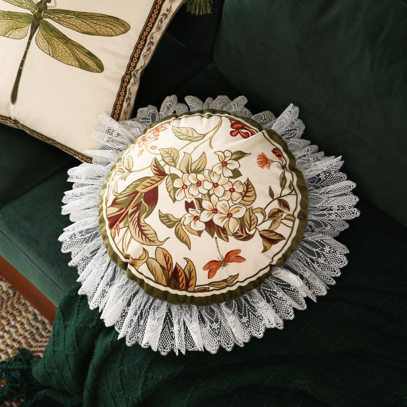 ISAENNE Design Round Vintage Cottage Throw Pillow Covers Diameter 16" Set of 2, Green Soft Velvet Cushion Cover with White Wild Floral Pattern Decor Pillowcases for Bed,Living Room,Outdoor,Car - Image 2