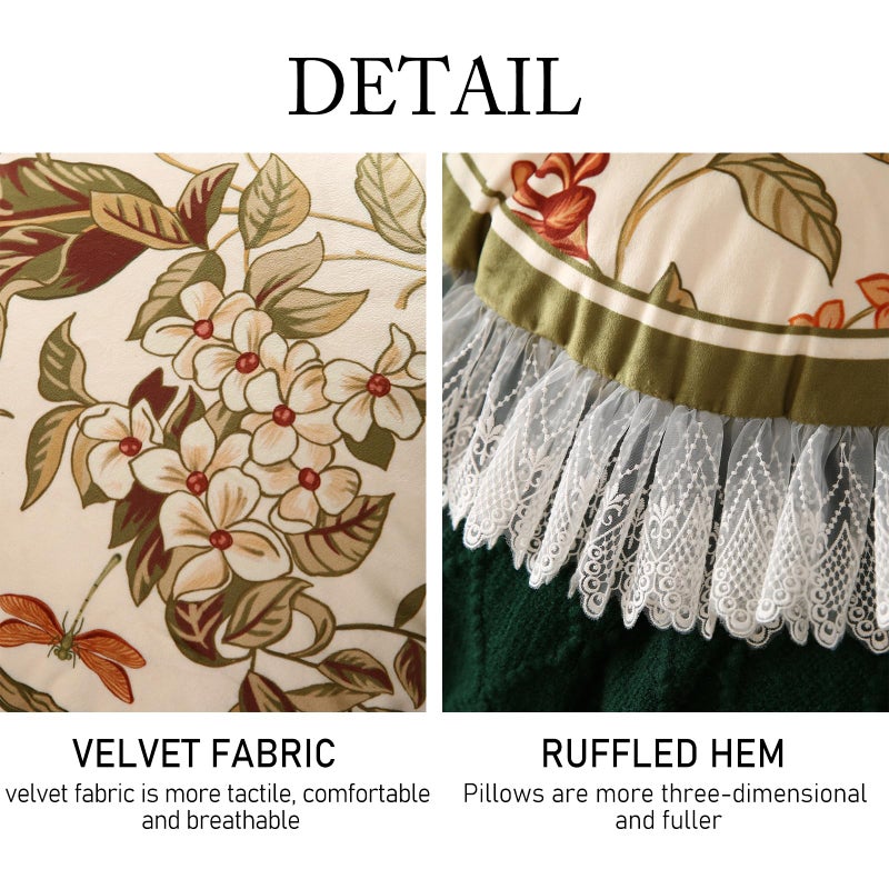 ISAENNE Design Round Vintage Cottage Throw Pillow Covers Diameter 16" Set of 2, Green Soft Velvet Cushion Cover with White Wild Floral Pattern Decor Pillowcases for Bed,Living Room,Outdoor,Car - Image 4