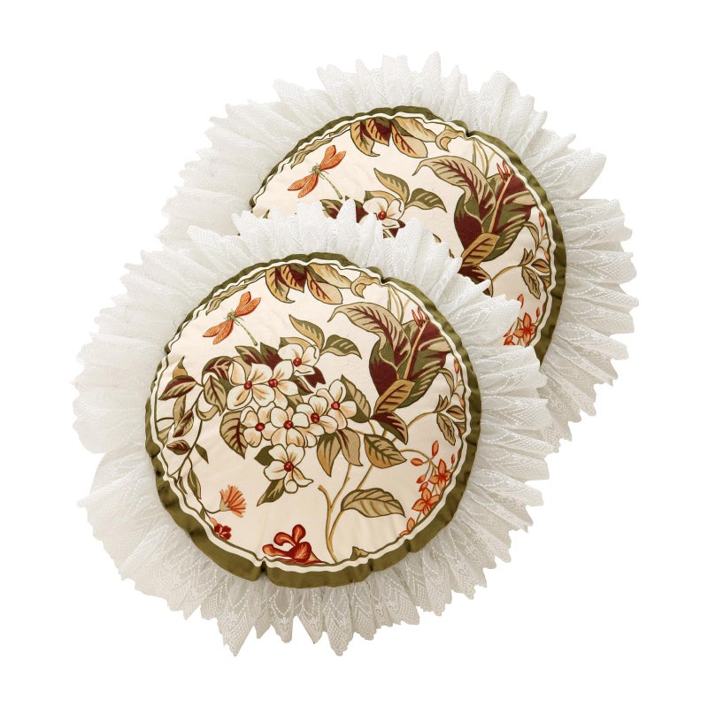 ISAENNE Design Round Vintage Cottage Throw Pillow Covers Diameter 16" Set of 2, Green Soft Velvet Cushion Cover with White Wild Floral Pattern Decor Pillowcases for Bed,Living Room,Outdoor,Car - Image 1