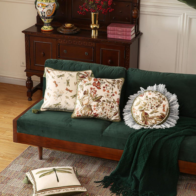 ISAENNE Design Round Vintage Cottage Throw Pillow Covers Diameter 16" Set of 2, Green Soft Velvet Cushion Cover with White Wild Floral Pattern Decor Pillowcases for Bed,Living Room,Outdoor,Car - Image 3
