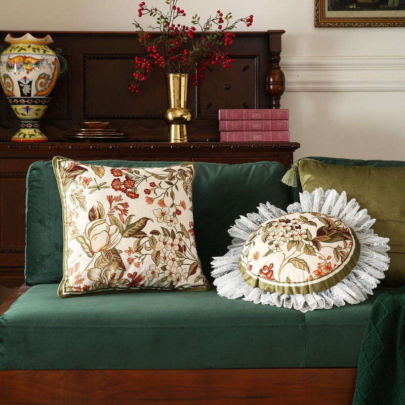 ISAENNE Design Round Vintage Cottage Throw Pillow Covers Diameter 16" Set of 2, Green Soft Velvet Cushion Cover with White Wild Floral Pattern Decor Pillowcases for Bed,Living Room,Outdoor,Car - Image 5