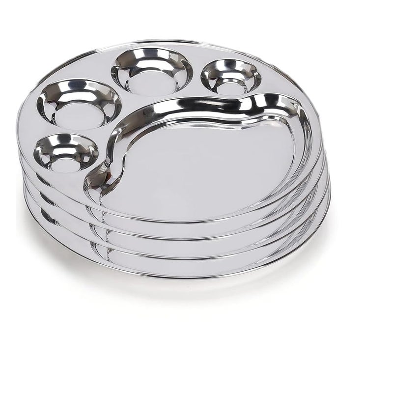 MESHIV Stainless Steel Round 5 in 1 Compartment LunchDinner Plate 1Pc 34cm Dia Set of 4 Silver - Image 1