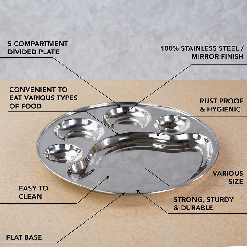 MESHIV Stainless Steel Round 5 in 1 Compartment LunchDinner Plate 1Pc 34cm Dia Set of 4 Silver - Image 3