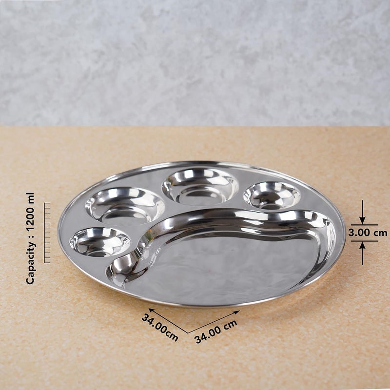MESHIV Stainless Steel Round 5 in 1 Compartment LunchDinner Plate 1Pc 34cm Dia Set of 4 Silver - Image 4