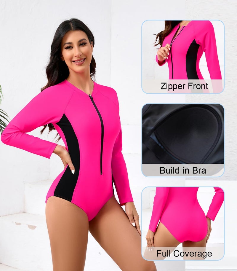 Halcurt Women's One Piece Rash Guard with Built in Bra UPF50+ Zip Long Sleeve Surfing Athletic Swimsuit Pink Black L - Image 4