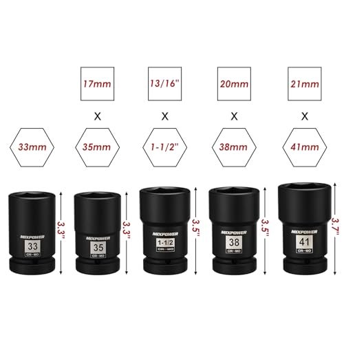 MIXPOWER 5PCS 1" Drive Truck Combination Budd Wheel Impact Socket Set, 33mm, 35mm x 17mm, 1-1/2" x 13/16", 38mm x 20mm, 41mm x 21mm - Image 4
