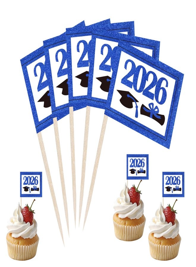 JBSJBS Blue 2026 Graduation Cap Cupcake Topper Flags Banner Mini Small 2026 Graduation Toothpick Stick Flags Diploma Grad Cake Party Theme Decorations(100Pcs) - Image 1