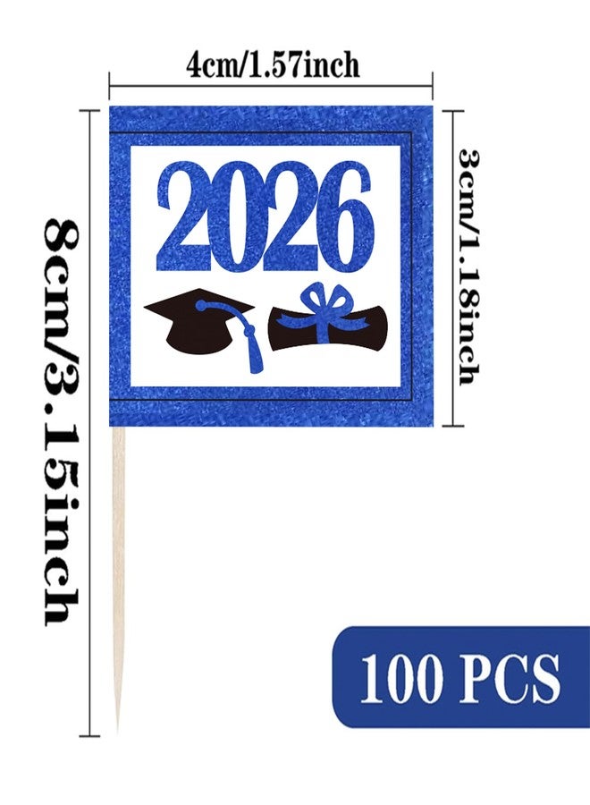 JBSJBS Blue 2026 Graduation Cap Cupcake Topper Flags Banner Mini Small 2026 Graduation Toothpick Stick Flags Diploma Grad Cake Party Theme Decorations(100Pcs) - Image 2