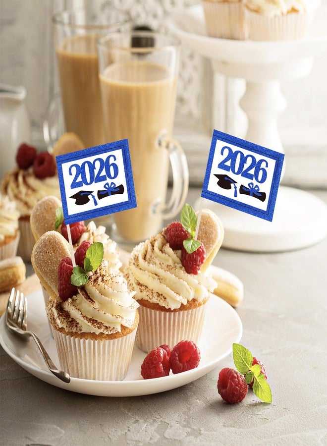 JBSJBS Blue 2026 Graduation Cap Cupcake Topper Flags Banner Mini Small 2026 Graduation Toothpick Stick Flags Diploma Grad Cake Party Theme Decorations(100Pcs) - Image 4