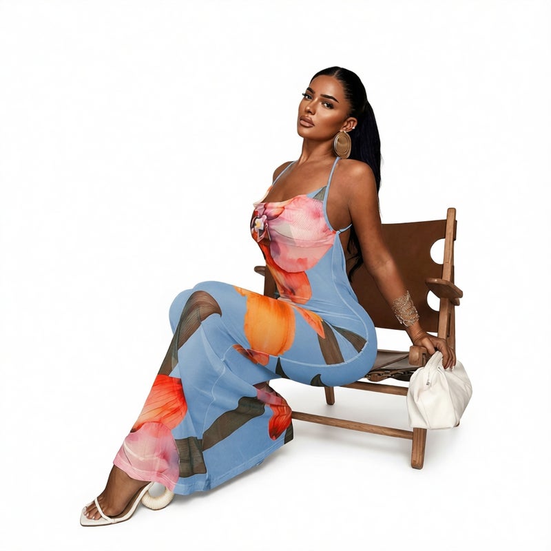 Women's Mesh Printed Sexy Halter Backless Dress Summer Beach Vacation Bodycon Midi Dress