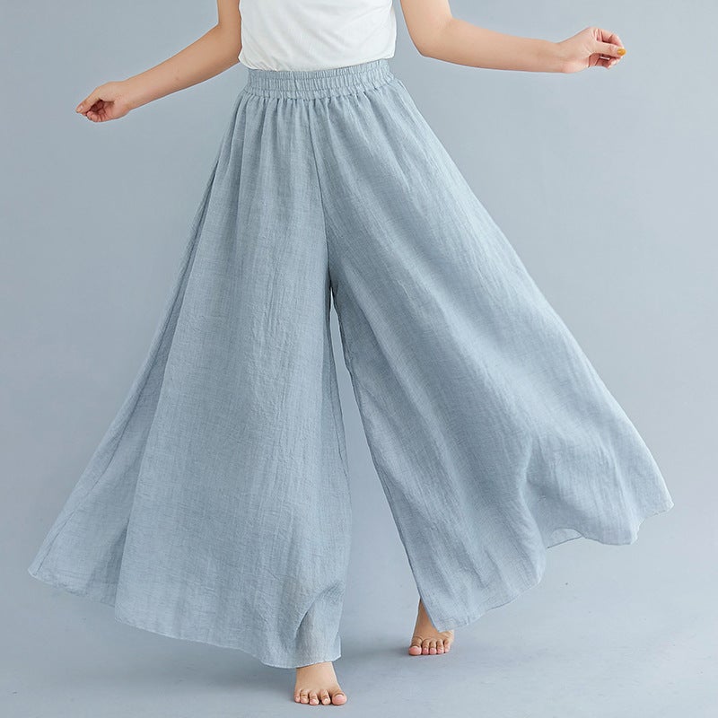 12 Color Lotte 2023 Mori Womens Artistic Large Size Cotton and Linen Pant Skirt Elastic Waist Linen Solid Color Ethnic Style Large Pant Skirt Light gray