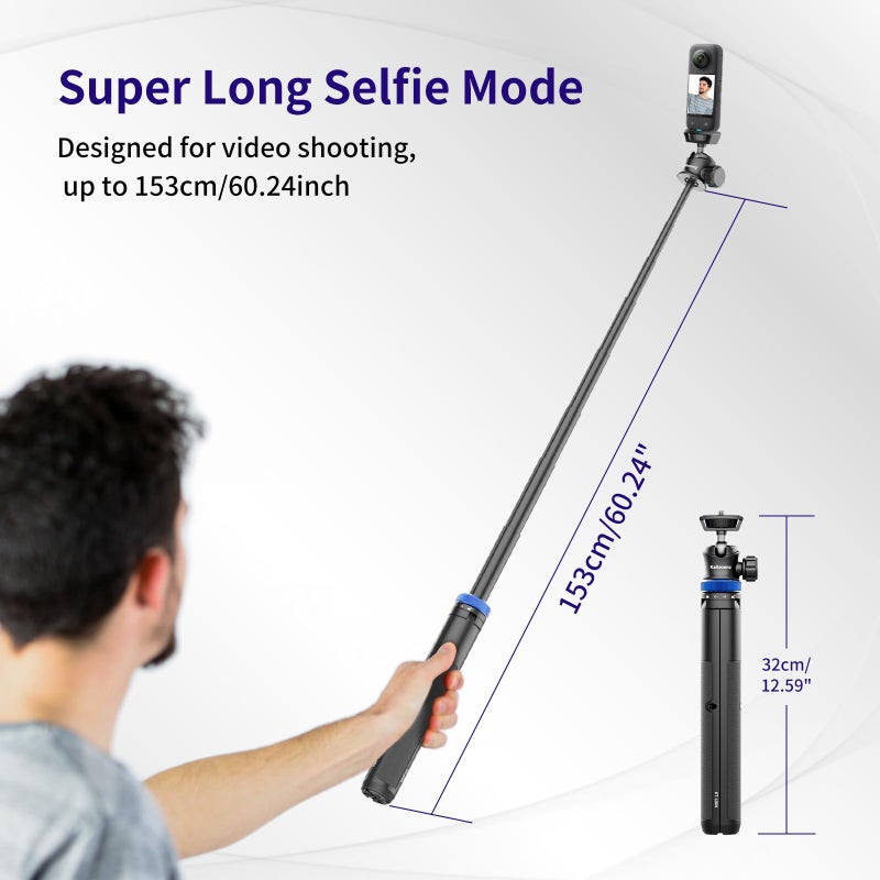 Kaitezenz Selfie Stick Tripod for Gopro Camera, 62" Extendable Tripod Stand with 360Â° Ball Head 1/4" Screw, Portable Lightweight Camera Tripod for Max Hero 13 12 11 10 DJI OSMO Pocket3 Action Camera - Image 2