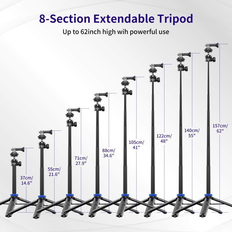 Kaitezenz Selfie Stick Tripod for Gopro Camera, 62" Extendable Tripod Stand with 360Â° Ball Head 1/4" Screw, Portable Lightweight Camera Tripod for Max Hero 13 12 11 10 DJI OSMO Pocket3 Action Camera - Image 5