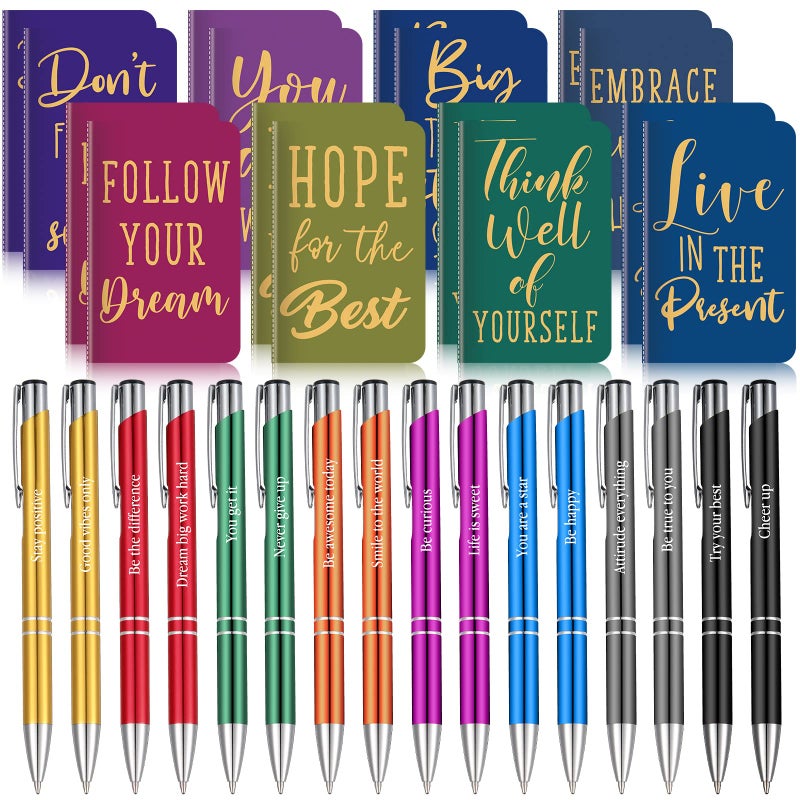 Funrous 32 Pcs Motivational Quote Pens Inspirational Notepads Mini Journal with Ballpoint Pen Small Notebooks Gift Set for Men Women Coworkers, Adult Party Favors Christmas Prizes Gift(Simple) - Image 1