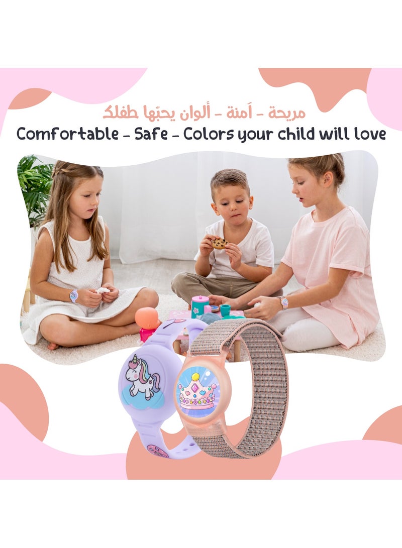 لوميف مجموعة تتبع ذكية للأطفال – ٢ أيرتاج بتقنية بلوتوث متوافقة مع ابل فايند ماي + ١ سوار سيليكون مقاوم للماء + ١ سوار نايلون خفيف الوزن مضاد للفقدان + ٢ حافظة سيليكون مع دبوس مخفي غير مرئي للأمان – ملائمة للأطفال والكبار من  الجنسين، تصاميم مرحة وآمنة(إشراق-Glowy) - Image 3