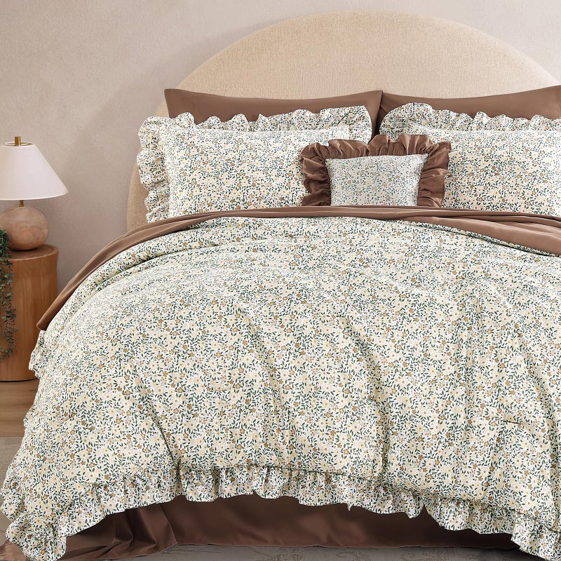 BLOOMHAVEN Full Comforter Set - 7 Pieces Ruffle Beige Ditzy Bedding Sets, Shabby Chic Farmhouse Bed in a Bag Full with Floral Comforter, Sheets, Pillowcases & Shams - Image 1