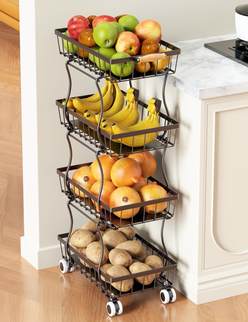 OKZEST OKZEST Fruit Basket 4Tier Small Kitchen Organizer and Storage Cart on Wheels Rolling Pantry Snack Cart with Handle for Storing Fruit Potato Onion Snacks Vegetables Bread Produce