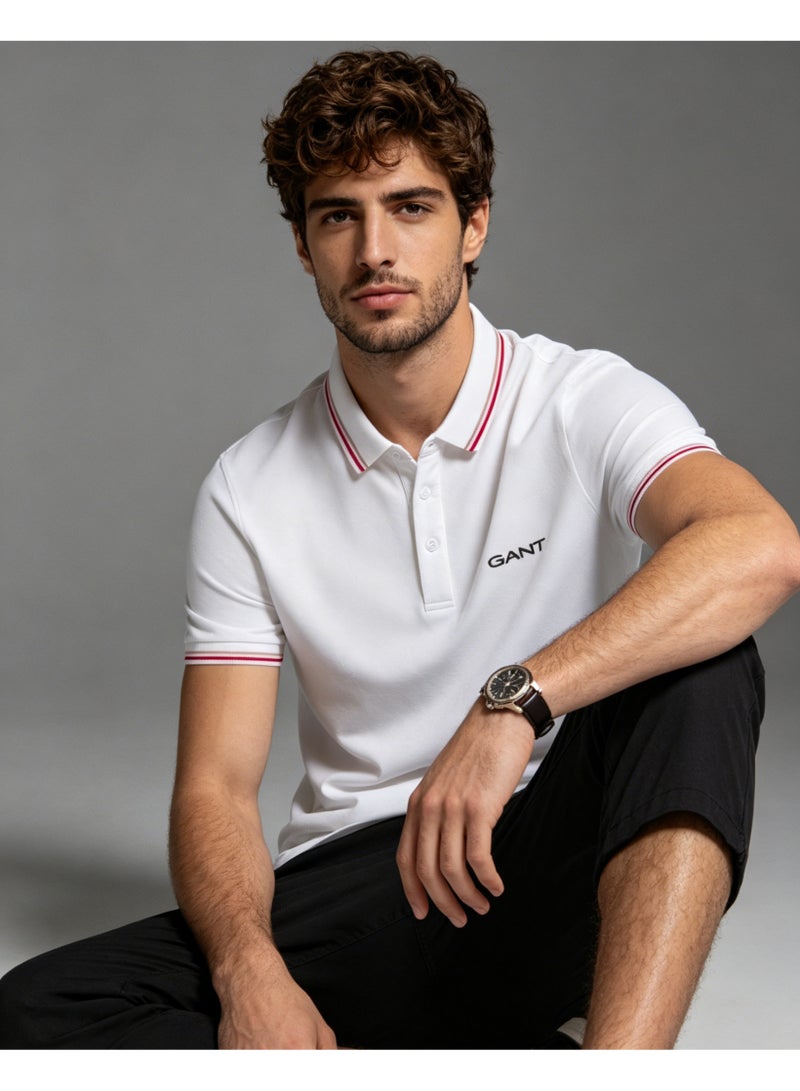 GANT Men's Short Sleeve Tipped Collar Polo Shirt, Casual Regular Fit, White - Image 1