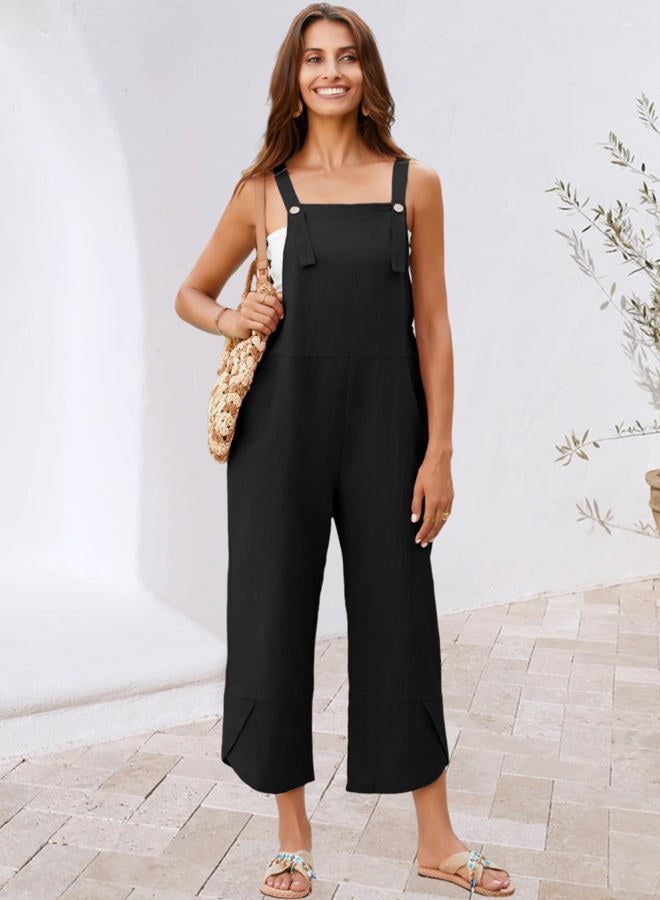 UANEO Womens Cotton Adjustable Casual Summer Bib Overalls Jumpsuits with Pockets, Black, M - Image 4