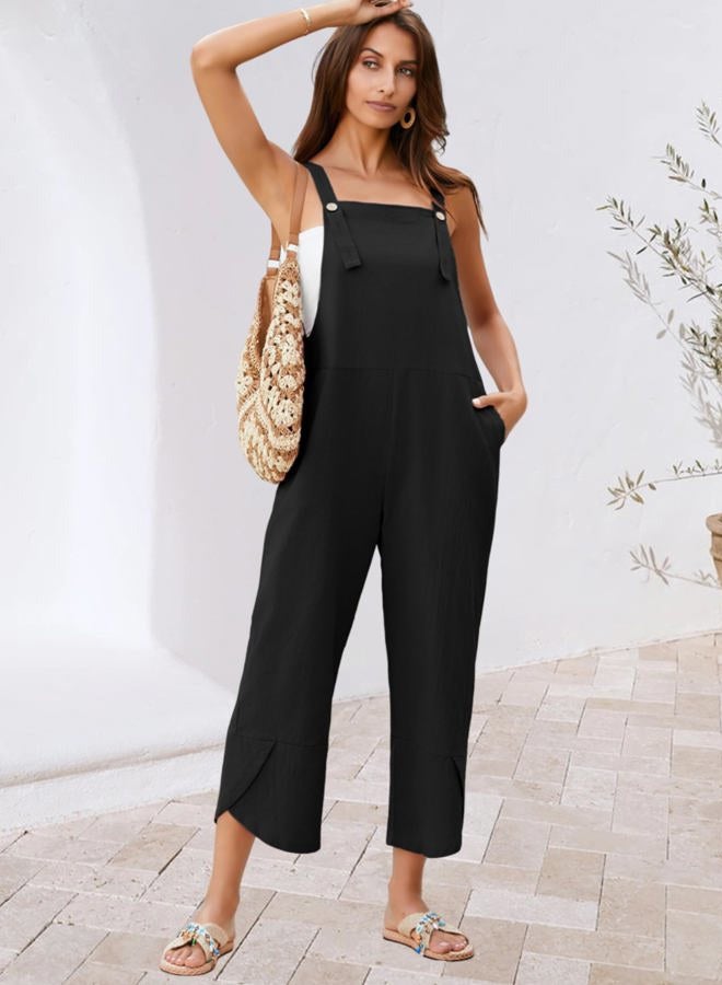 UANEO Womens Cotton Adjustable Casual Summer Bib Overalls Jumpsuits with Pockets, Black, M - Image 3