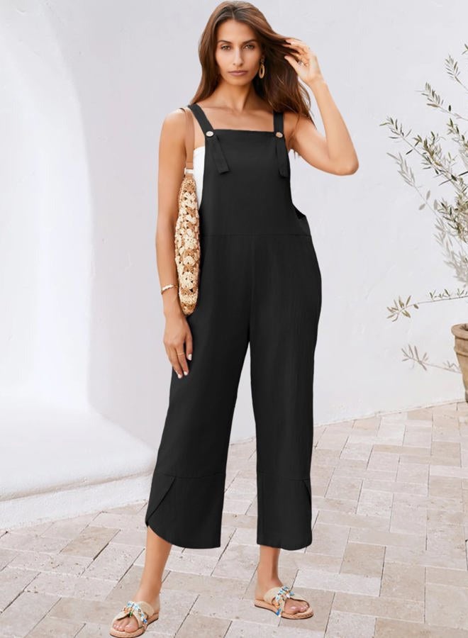 UANEO Womens Cotton Adjustable Casual Summer Bib Overalls Jumpsuits with Pockets, Black, M - Image 2