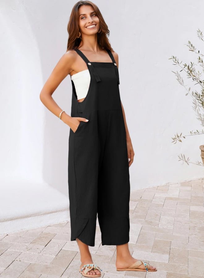 UANEO Womens Cotton Adjustable Casual Summer Bib Overalls Jumpsuits with Pockets, Black, M - Image 5