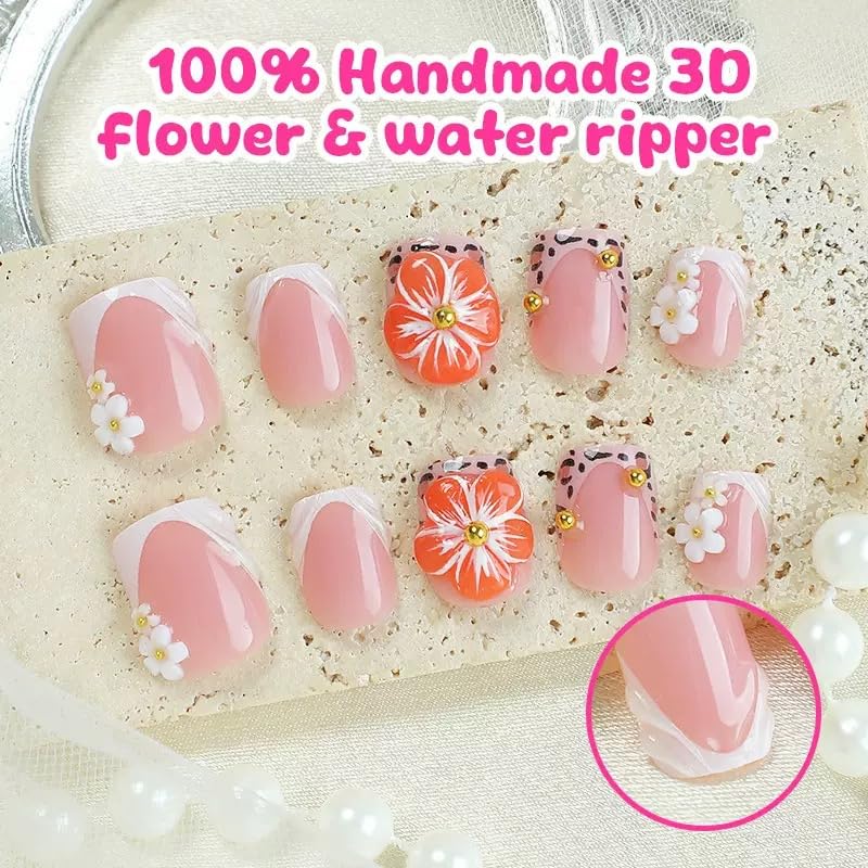 SPNBCQ Short Press on Nails Square Fake Nails Leopard Print French Tip False Nails with 3D Flower Design Cute Stick on Full Cover Glue on Nails for Women 24Pcs - Image 2
