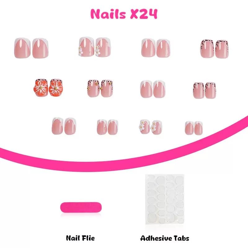 SPNBCQ Short Press on Nails Square Fake Nails Leopard Print French Tip False Nails with 3D Flower Design Cute Stick on Full Cover Glue on Nails for Women 24Pcs - Image 4