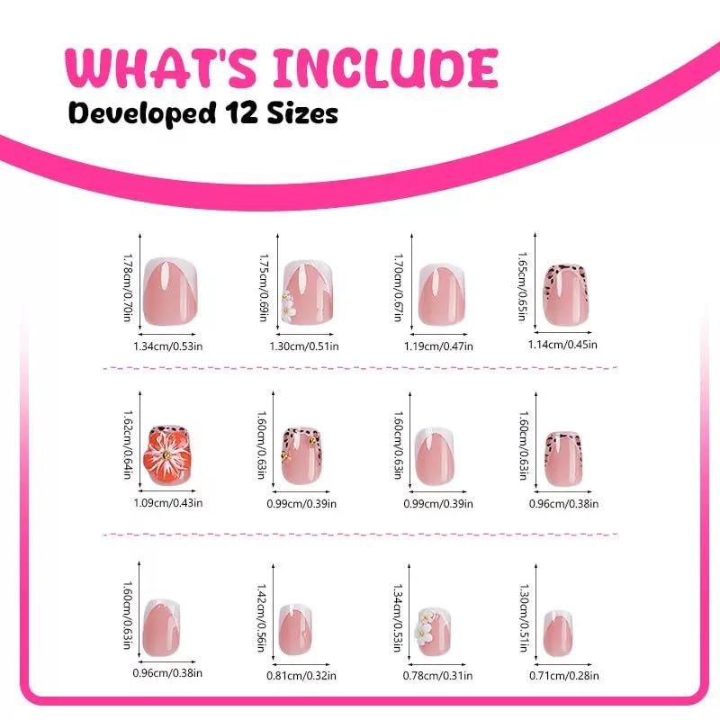 SPNBCQ Short Press on Nails Square Fake Nails Leopard Print French Tip False Nails with 3D Flower Design Cute Stick on Full Cover Glue on Nails for Women 24Pcs - Image 3