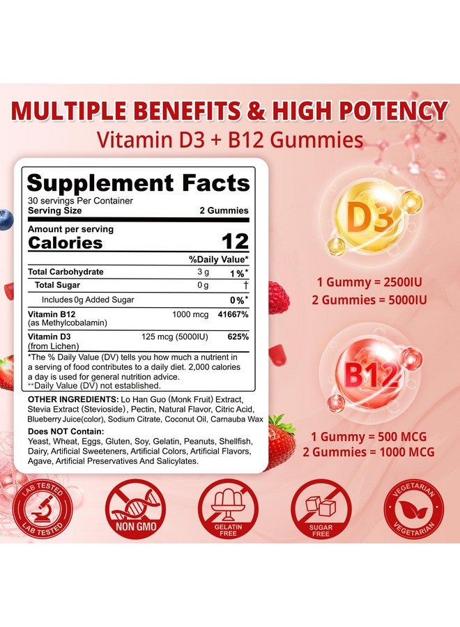 NEVISS 2Pack Vegan Vitamin D3 + Vitamin B12 Gummies, High Potency Vitamin D3 5000IU & 1000 mcg Methylated B12, Vitamin D3 and B12 for Adults, Support Bone Health, Immune & Energy Supplement, 120 Count - Image 2