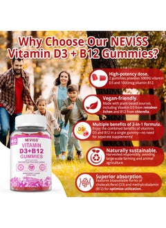 NEVISS 2Pack Vegan Vitamin D3 + Vitamin B12 Gummies, High Potency Vitamin D3 5000IU & 1000 mcg Methylated B12, Vitamin D3 and B12 for Adults, Support Bone Health, Immune & Energy Supplement, 120 Count  - Image 3